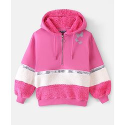 Pine Kids Full Sleeve Hooded Front Open Biowashed Sweatshirt with Glitter Butterflies - Fuchsia
