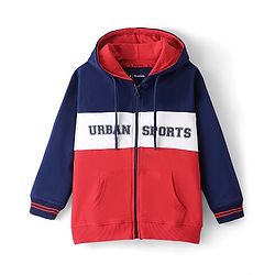 Pinekids Cotton Knit Biowashed Full Sleeves Hooded Sweatshirt With Text Print - Navy Blue & Red