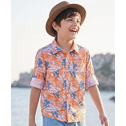 Pine Kids 100% Cotton Full Sleeves Leaves Printed Shirt - Orange