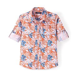 Pine Kids 100% Cotton Full Sleeves Leaves Printed Shirt - Orange