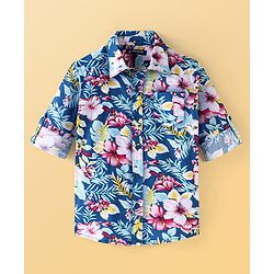 Pine Kids 100% Cotton Full Sleeves Floral Printed Shirt - Blue