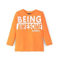 Pine Kids 100% Cotton Full Sleeves Round Neck Biowashed Text Printed T-Shirt - Orange
