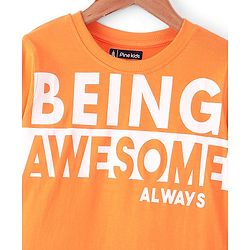 Pine Kids 100% Cotton Full Sleeves Round Neck Biowashed Text Printed T-Shirt - Orange
