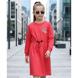Pine Kids Full Sleeves Winter Frock With Lurex Floral Chest Embroidery - Bittersweet