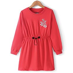 Pine Kids Full Sleeves Winter Frock With Lurex Floral Chest Embroidery - Bittersweet