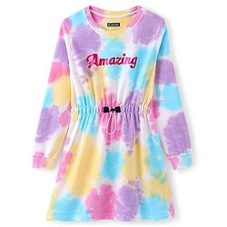 Pine Kids  Full Sleeves Tie & Dye Winter Frock with Foil Amazing Print - Multicolor