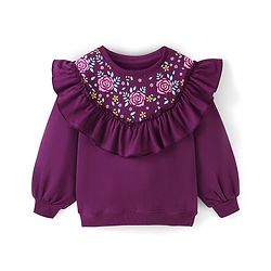 Pine Kids 100% Cotton Knit Full Sleeves Sweatshirt with Ruffle Neck Floral Print - Violet