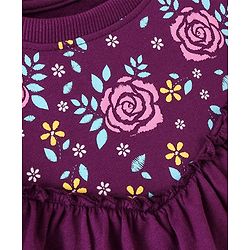 Pine Kids 100% Cotton Knit Full Sleeves Sweatshirt with Ruffle Neck Floral Print - Violet