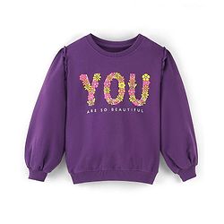 Pine Kids Balloon Sleeves Round Neck Biowashed Sweatshirt Puff Print - Acai Purple