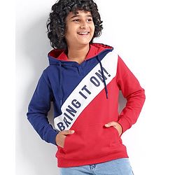 Pine Kids Full Sleeves Hooded Biowashed Sweatshirt Text Print - Blue & Red