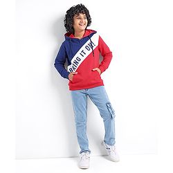 Pine Kids Full Sleeves Hooded Biowashed Sweatshirt Text Print - Blue & Red