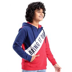 Pine Kids Full Sleeves Hooded Biowashed Sweatshirt Text Print - Blue & Red