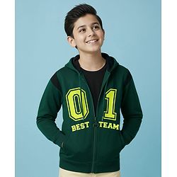 Pine Kids Cotton Knit Full Sleeves Hooded Bio Washed Basic Sweat Jacket With Text Print - Aventurine