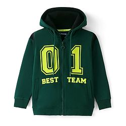 Pine Kids Cotton Knit Full Sleeves Hooded Bio Washed Basic Sweat Jacket With Text Print - Aventurine