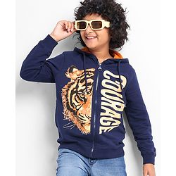 Pine Kids Full Sleeves Hooded Front Open Biowashed Sweatjacket Tiger Print - Navy Blue