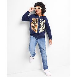 Pine Kids Full Sleeves Hooded Front Open Biowashed Sweatjacket Tiger Print - Navy Blue