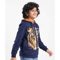 Pine Kids Full Sleeves Hooded Front Open Biowashed Sweatjacket Tiger Print - Navy Blue