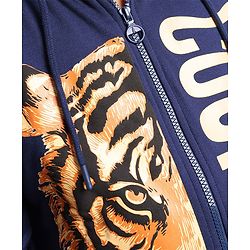 Pine Kids Full Sleeves Hooded Front Open Biowashed Sweatjacket Tiger Print - Navy Blue