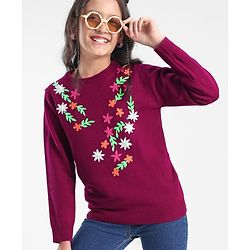 Pine Kids Full Sleeves Floral Embroidery Sweater - Voilet