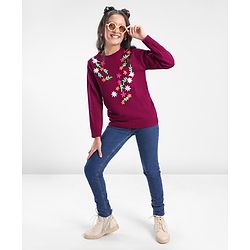 Pine Kids Full Sleeves Floral Embroidery Sweater - Voilet