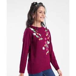 Pine Kids Full Sleeves Floral Embroidery Sweater - Voilet