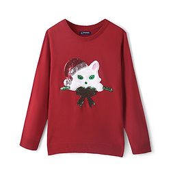 Pine Kids Full Sleeves Christmas Cat Applique Pullovers - Red