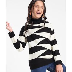 Pine Kids Full Sleeves Turtle Neck Geometric Structure Sweater - Black And White