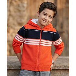 Pine Kids Knitted Full Sleeves Stiped Front Open Zipper Hooded Sweater - Orange