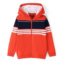 Pine Kids Knitted Full Sleeves Stiped Front Open Zipper Hooded Sweater - Orange