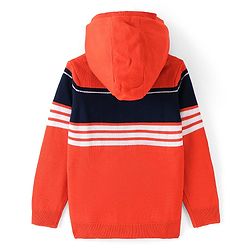 Pine Kids Knitted Full Sleeves Stiped Front Open Zipper Hooded Sweater - Orange