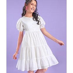 Pine Kids Half Sleeves Cotton Dobby Front Open Tier Frock - White