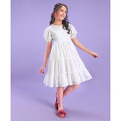 Pine Kids Half Sleeves Cotton Dobby Front Open Tier Frock - White