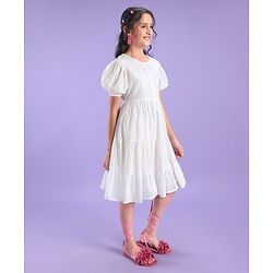 Pine Kids Half Sleeves Cotton Dobby Front Open Tier Frock - White