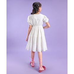 Pine Kids Half Sleeves Cotton Dobby Front Open Tier Frock - White