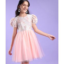 Pine Kids Half Sleeves Embroidered Knee Length Party Wear Dress - Peach