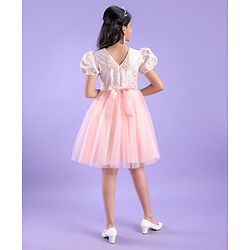 Pine Kids Half Sleeves Embroidered Knee Length Party Wear Dress - Peach