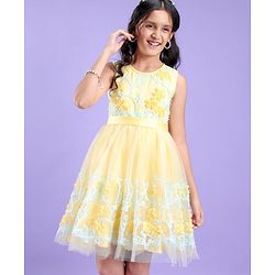 Pine Kids Sleeveless Knee Length Floral Embroidered Party Wear Dress - Yellow