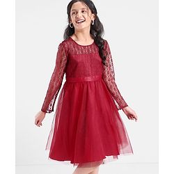 Pine Kids Full Sleeves Glittered Knee Length Party Wear Dress - Red