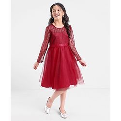 Pine Kids Full Sleeves Glittered Knee Length Party Wear Dress - Red