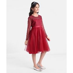 Pine Kids Full Sleeves Glittered Knee Length Party Wear Dress - Red