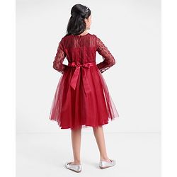 Pine Kids Full Sleeves Glittered Knee Length Party Wear Dress - Red