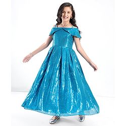 Pine Kids Cold Shoulder Sleeves Sequined Floor Length Party Gown - Frozen Blue
