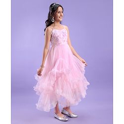 Pine Kids Sleeveless Flouncy Knee Length Party Gown With Floral Applique - Pink
