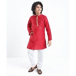 Pine Kids Full Sleeves All Over Sequined Kurta Pyjama Set - Red