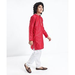 Pine Kids Full Sleeves All Over Sequined Kurta Pyjama Set - Red