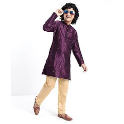 Pine Kids Foil Printed Full Sleeves Kurta Pyjama Set- Plum