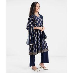 Pine Kids Viscose Woven Three Fourth Kurta & Churidar Set with Dupatta Ajrakh Print - Navy Blue