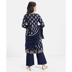 Pine Kids Viscose Woven Three Fourth Kurta & Churidar Set with Dupatta Ajrakh Print - Navy Blue