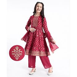 Pine Kids 100% Rayon Woven Full Sleeves Gold Printed Kurti Churidar Set With Dupatta- Maroon