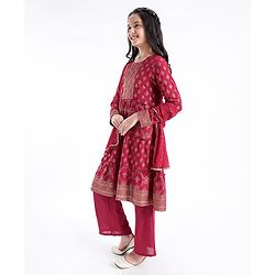 Pine Kids 100% Rayon Woven Full Sleeves Gold Printed Kurti Churidar Set With Dupatta- Maroon
